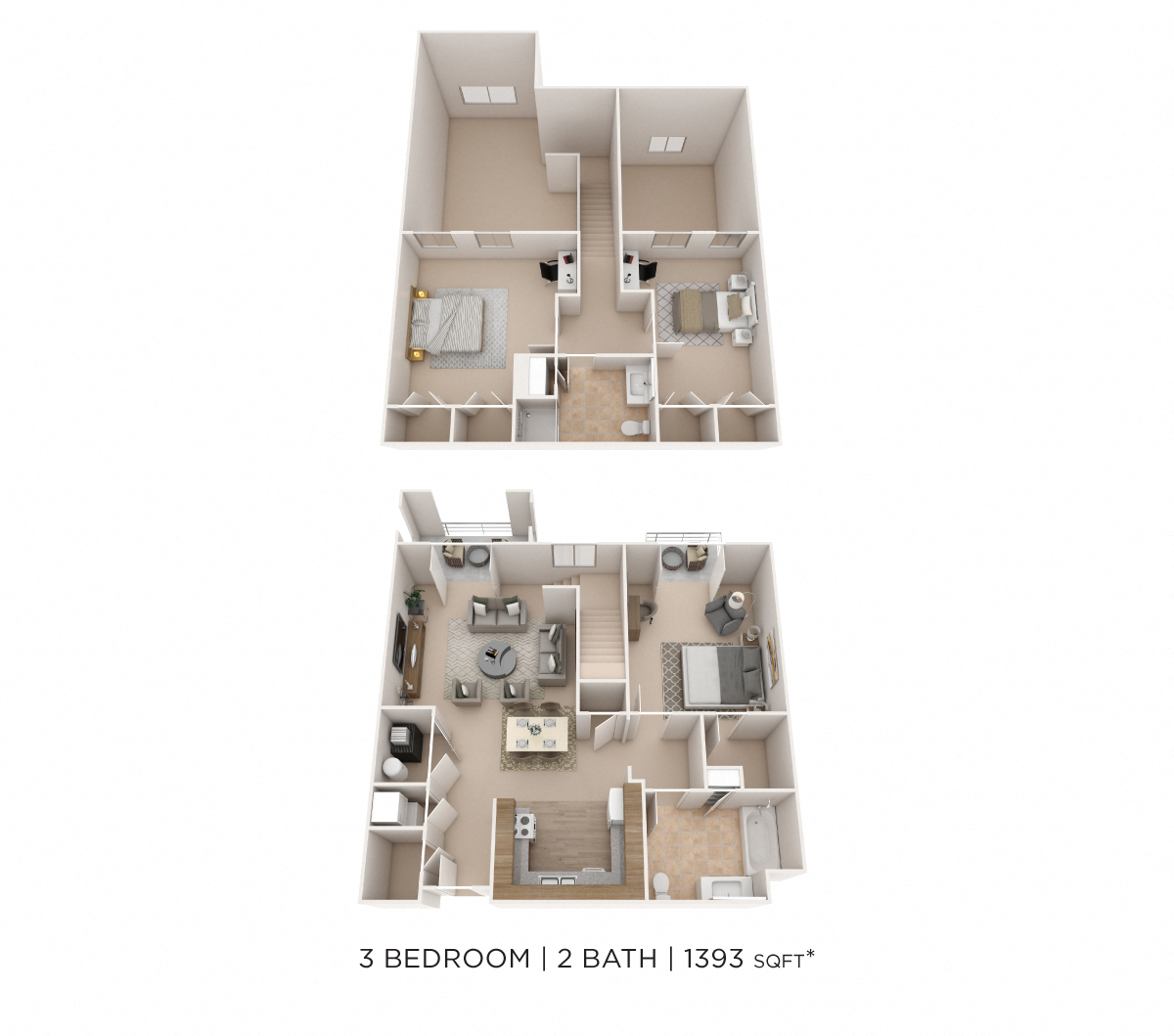 Floor plan for 3 beds, 2 baths, 1393 sqft
